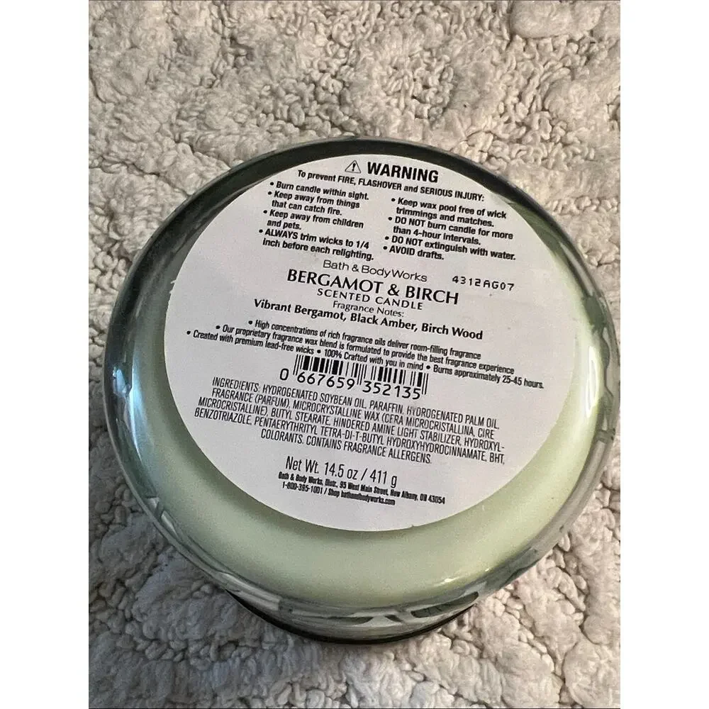 Bath & Body Works BERGAMOT & BIRCH Black Amber Soy 3-Wick Jar Candle 14.5 oz